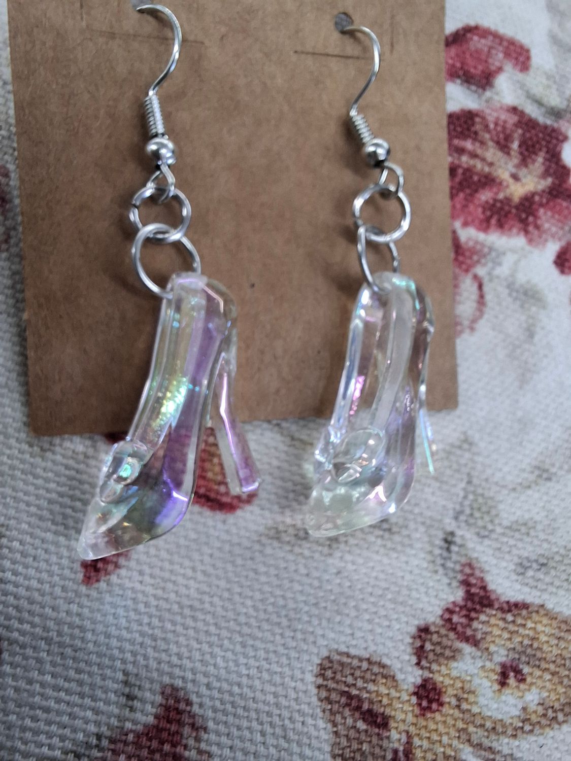 Iridescent Cinderella style high heel slippers earrings fairytale
