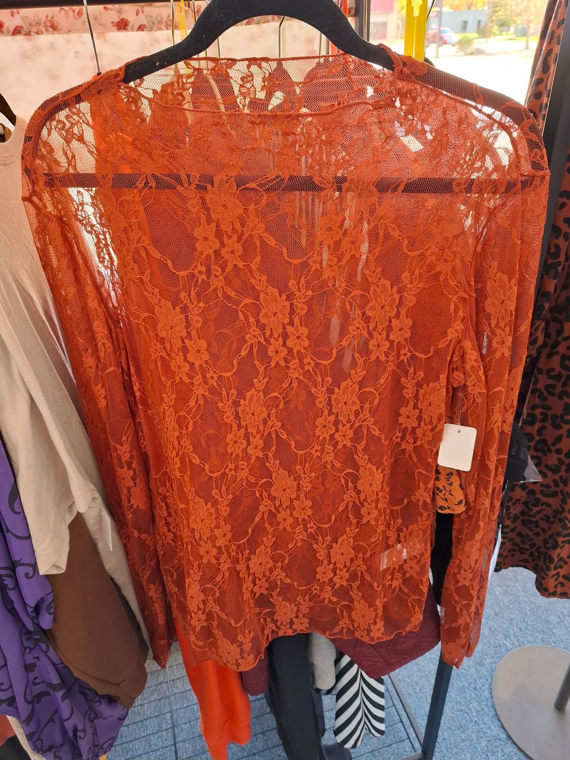 1x Orange high neck lace sheer layering long sleeve top