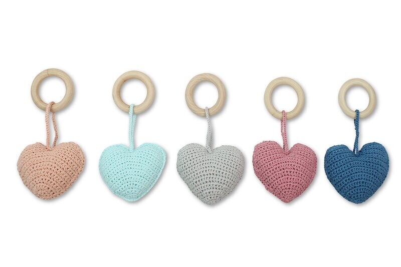 DLUX Baby Heart Teether with crocheted cotton heart and wooden ring.