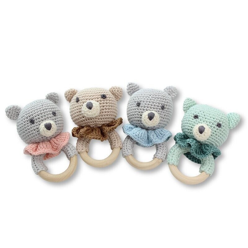 DLUX Baby Teddy Teether Rattle with handmade cotton and beech wood.