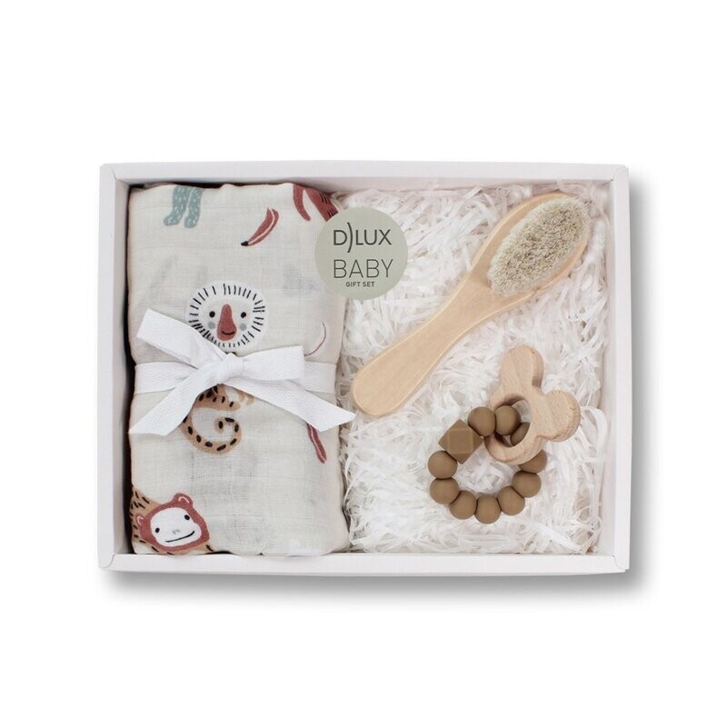 Monkey Baby Gift Pack - Natural Muslin Wrap, Teether, and Baby Brush