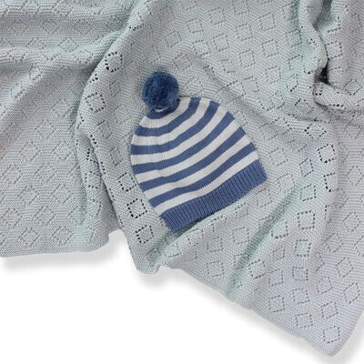 Blue Jamie baby hat with pompom top