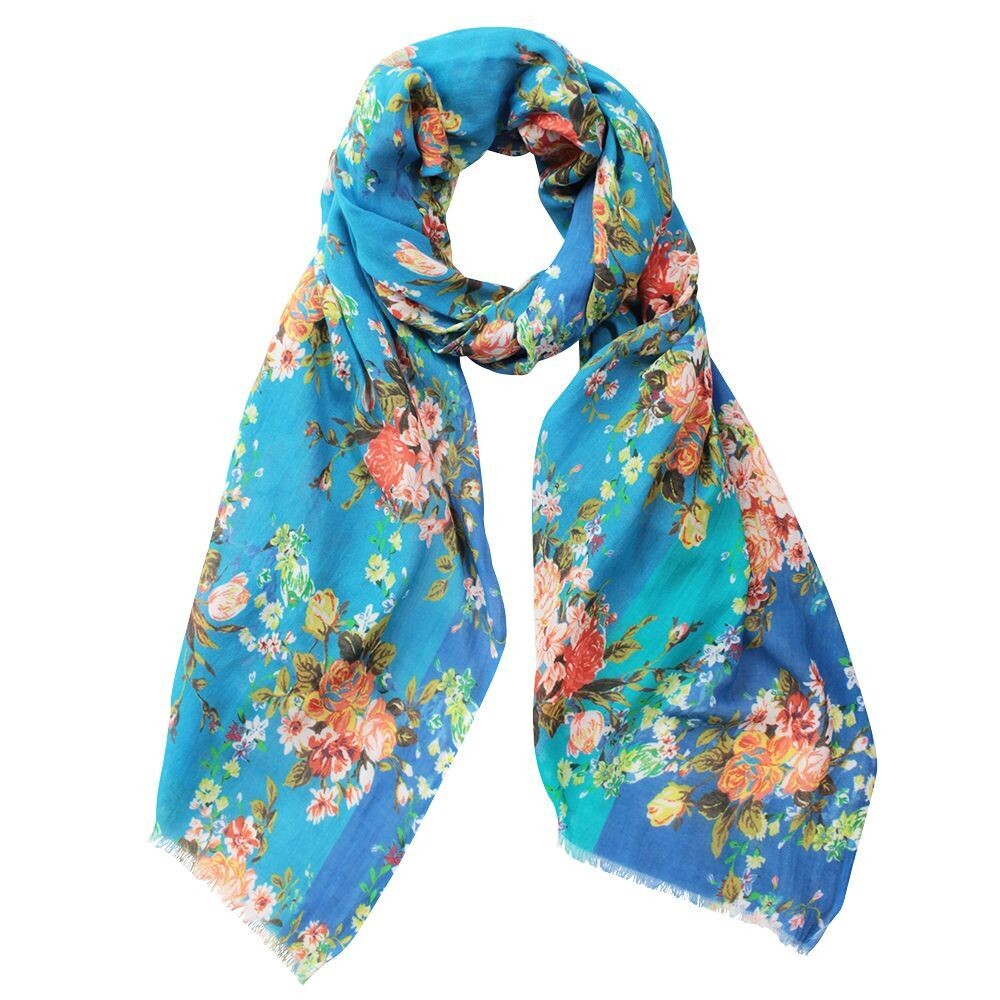 Freida Retro Floral Hand Printed Pure Cotton Scarf, Colours: Blue