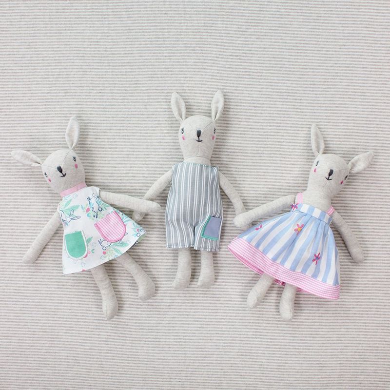 DLUX Baby Handmade Bunny Rattle Toy Pack with three cotton bunnies.