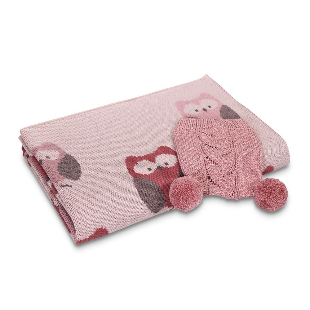 Owls Knitted Baby Stroller Blanket - Made with Premium Cotton, Colour: Pink