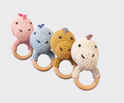 Dinosaur Baby Teether Rattle - Handmade Cotton and Beech Wood Teething Toy