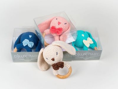 Floppy Baby Bunny Teether Rattle - Handmade Cotton and Beech Wood Teething Toy