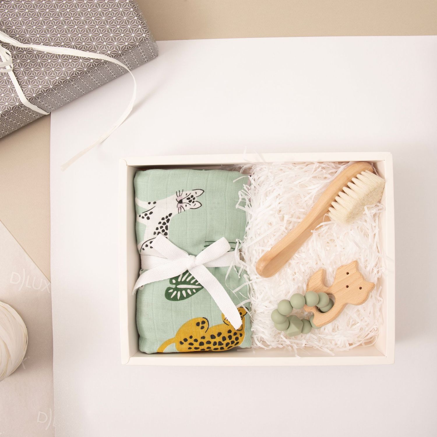 Spotty Cats Baby Gift Pack - Sage Green Muslin Wrap, Teether, and Baby Brush