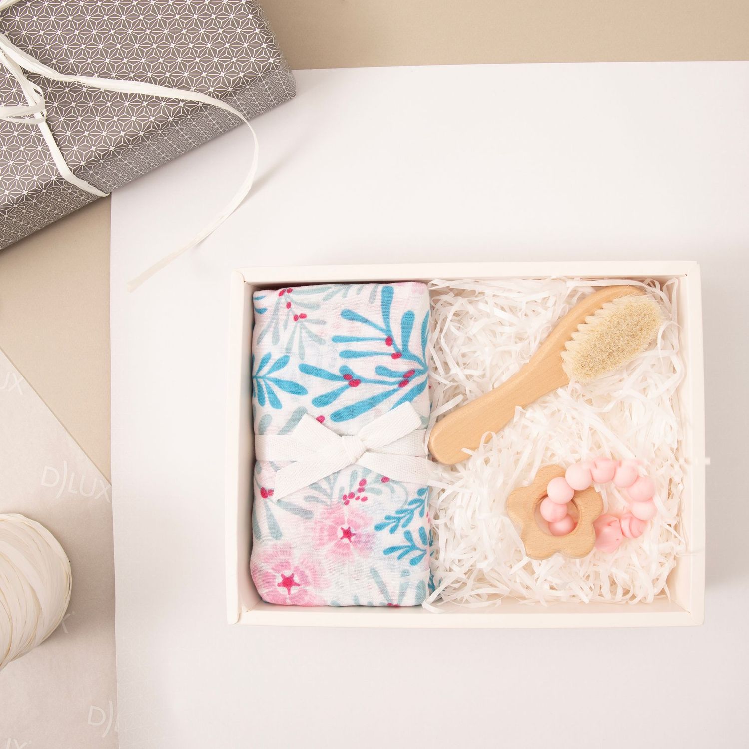 Flowers Newborn Gift Pack - Pink Muslin Wrap, Teether, and Baby Brush