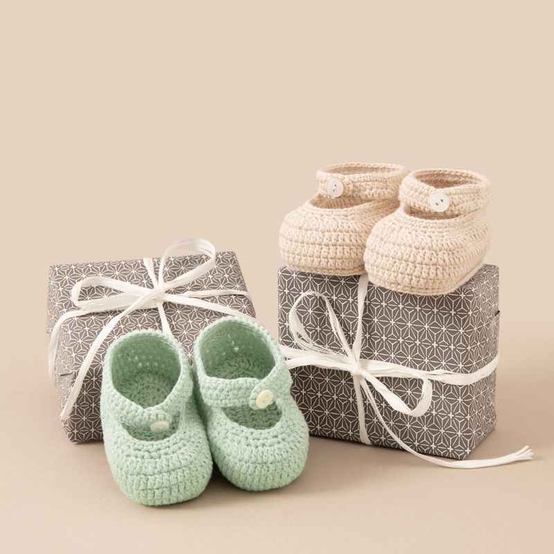 Herbie Baby Bootees - Hand Crocheted Cotton Bootees with Shell Button Herbie Baby Bootees - Hand Crocheted Cotton Bootees with Shell Button