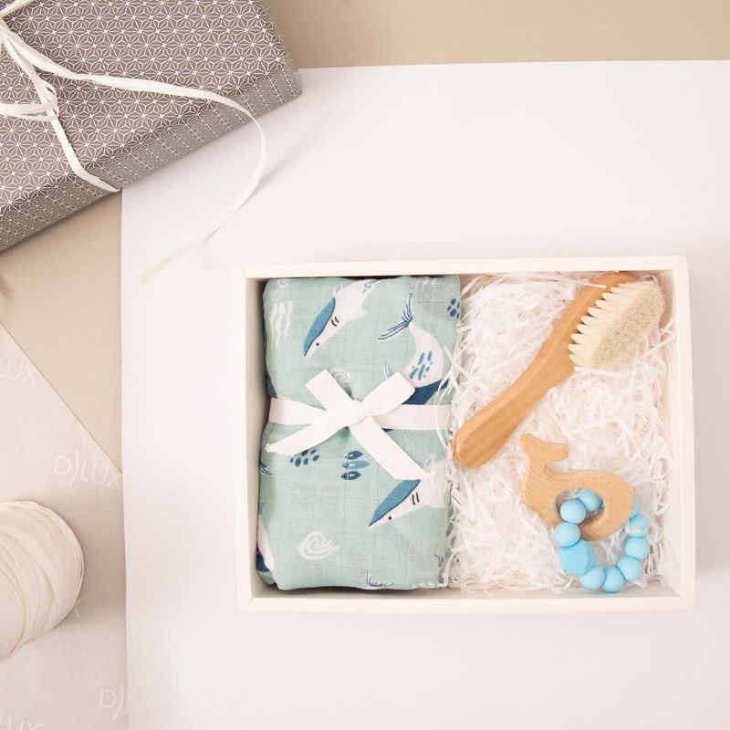 Aquarium Dolphins Newborn Gift Pack - Blue Muslin Wrap, Teether, and Baby Brush