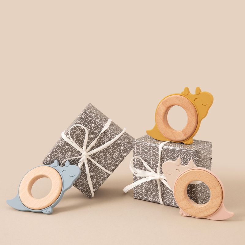 Dinosaur Baby Teether - Safe, Sustainable Silicone and Wood Teething Toy