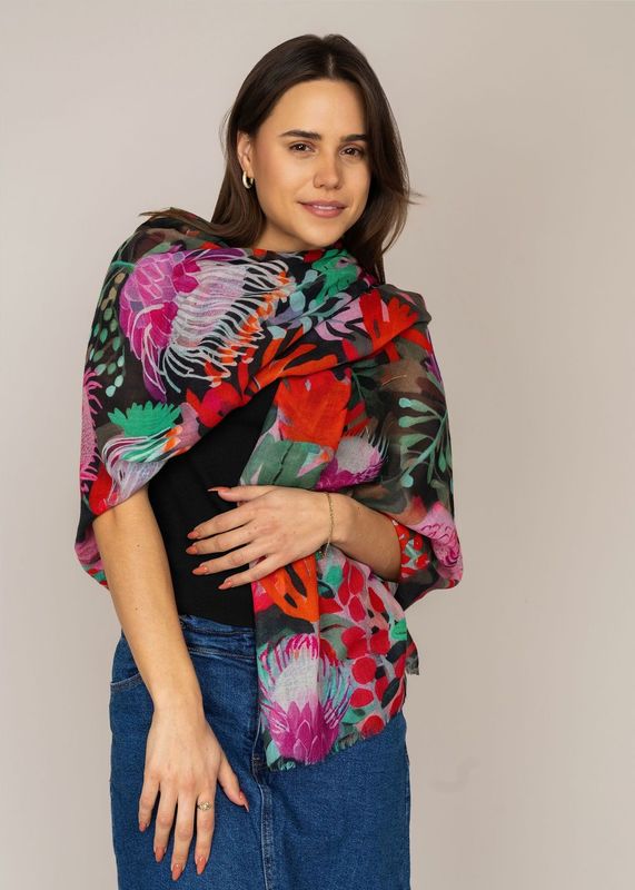 Protea Flower Merino Wool Silk Scarf - Soft and Lightweight | DLUX