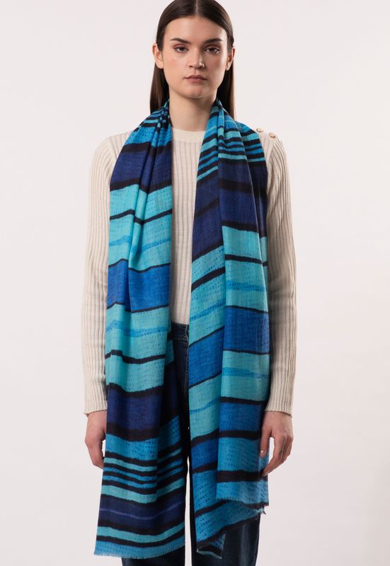 Ripple Fluid Stripe Pattern Wool Silk Scarf - Blue Ripple Fluid Stripe Pattern Wool Silk Scarf - Blue