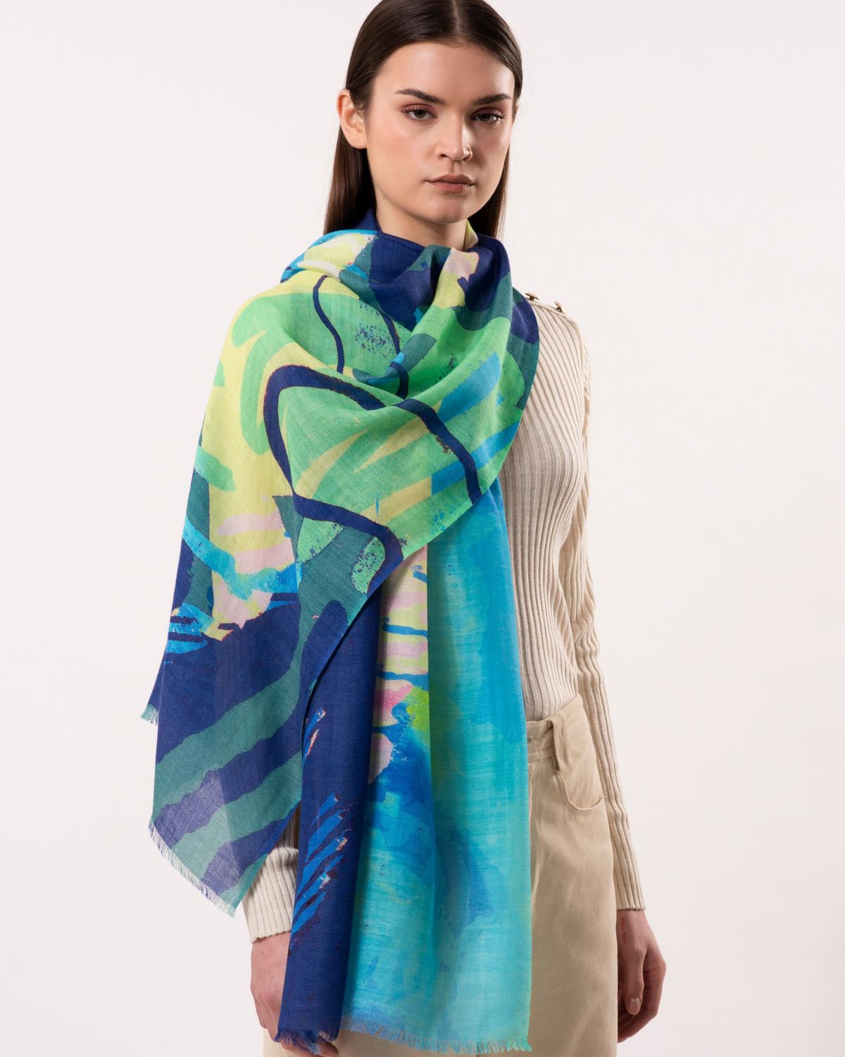 Nova Abstract Artistic Print Wool Modal Scarf - Denim