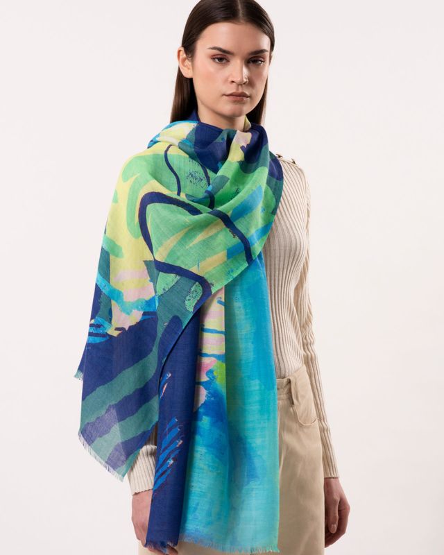 Nova Abstract Artistic Print Wool Modal Scarf - Denim Nova Abstract Artistic Print Wool Modal Scarf - Denim