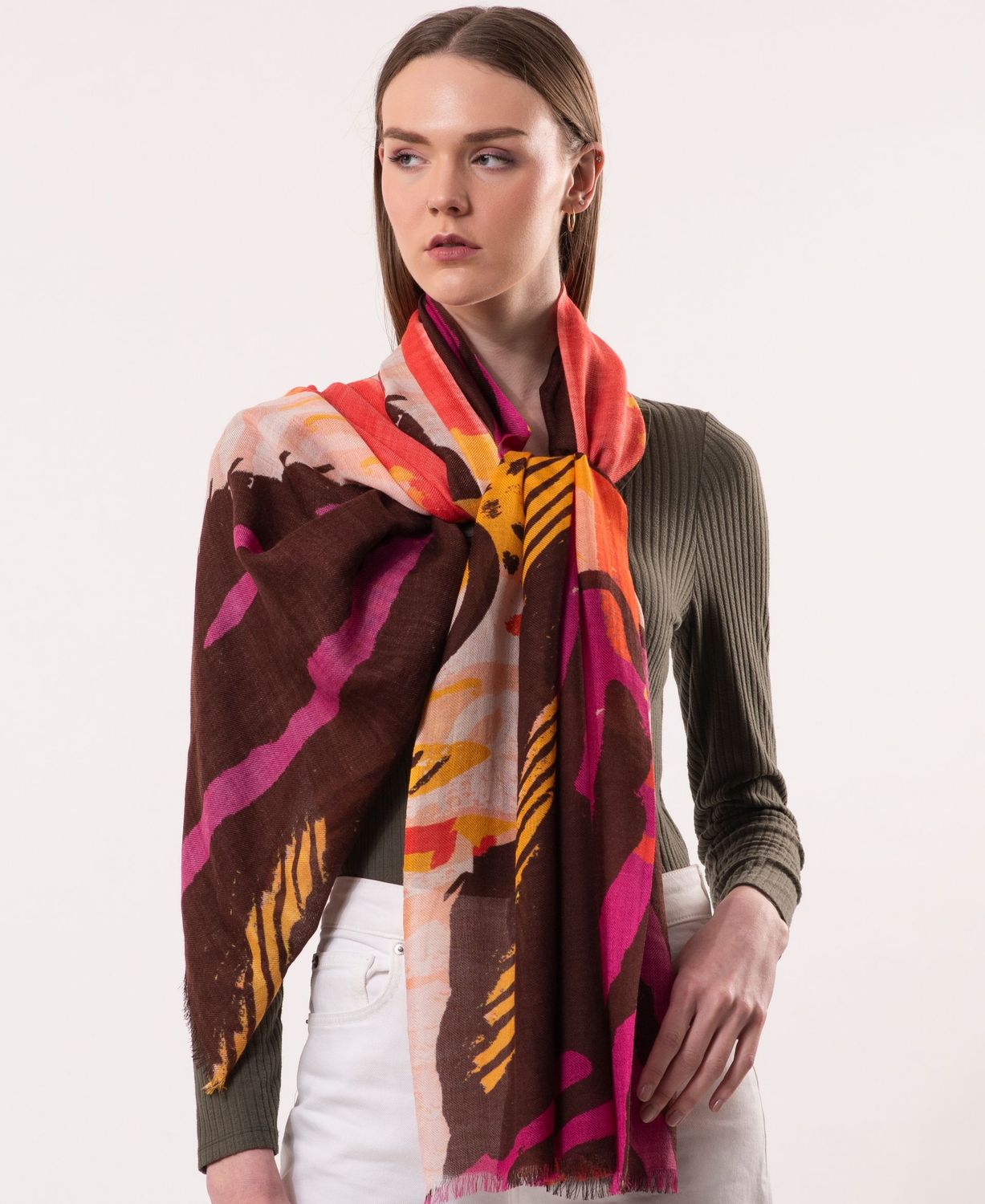 Nova Abstract Artistic Print Wool Modal Scarf - Chocolate