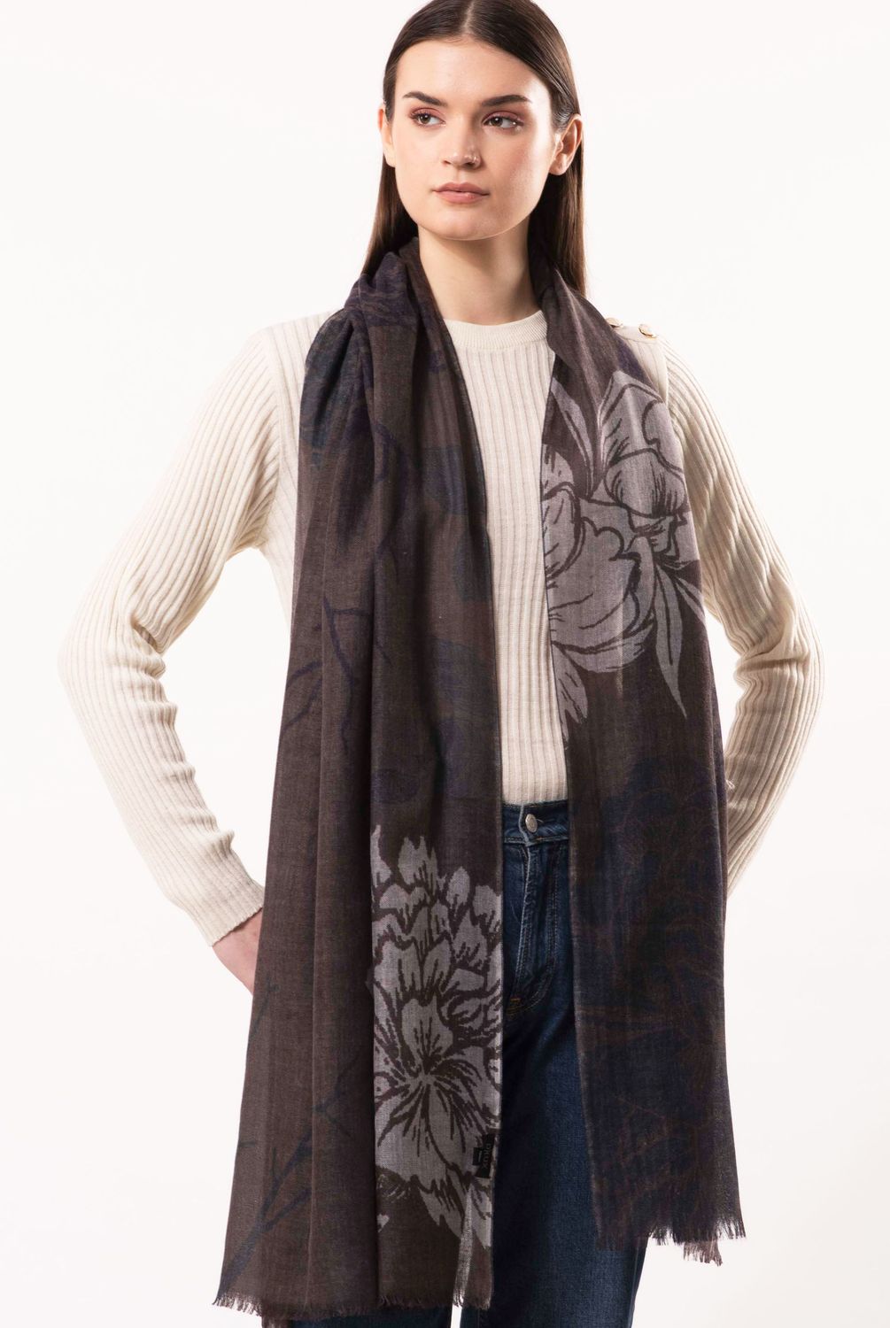 Dahlia Floral Print Pure Merino Wool Scarf | DLUX