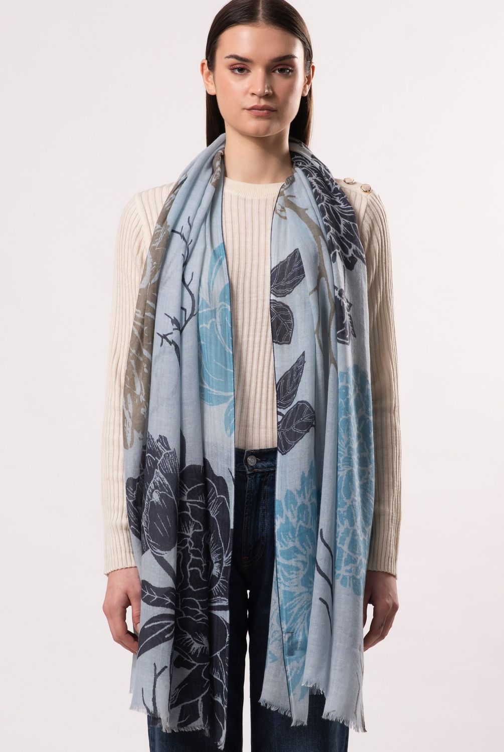Dahlia Floral Print Pure Merino Wool Scarf - Blue
