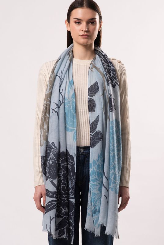 Dahlia Floral Print Pure Merino Wool Scarf - Blue Dahlia Floral Print Pure Merino Wool Scarf - Blue