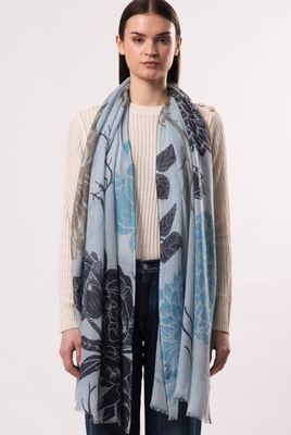 Dahlia Floral Print Pure Merino Wool Scarf - Blue