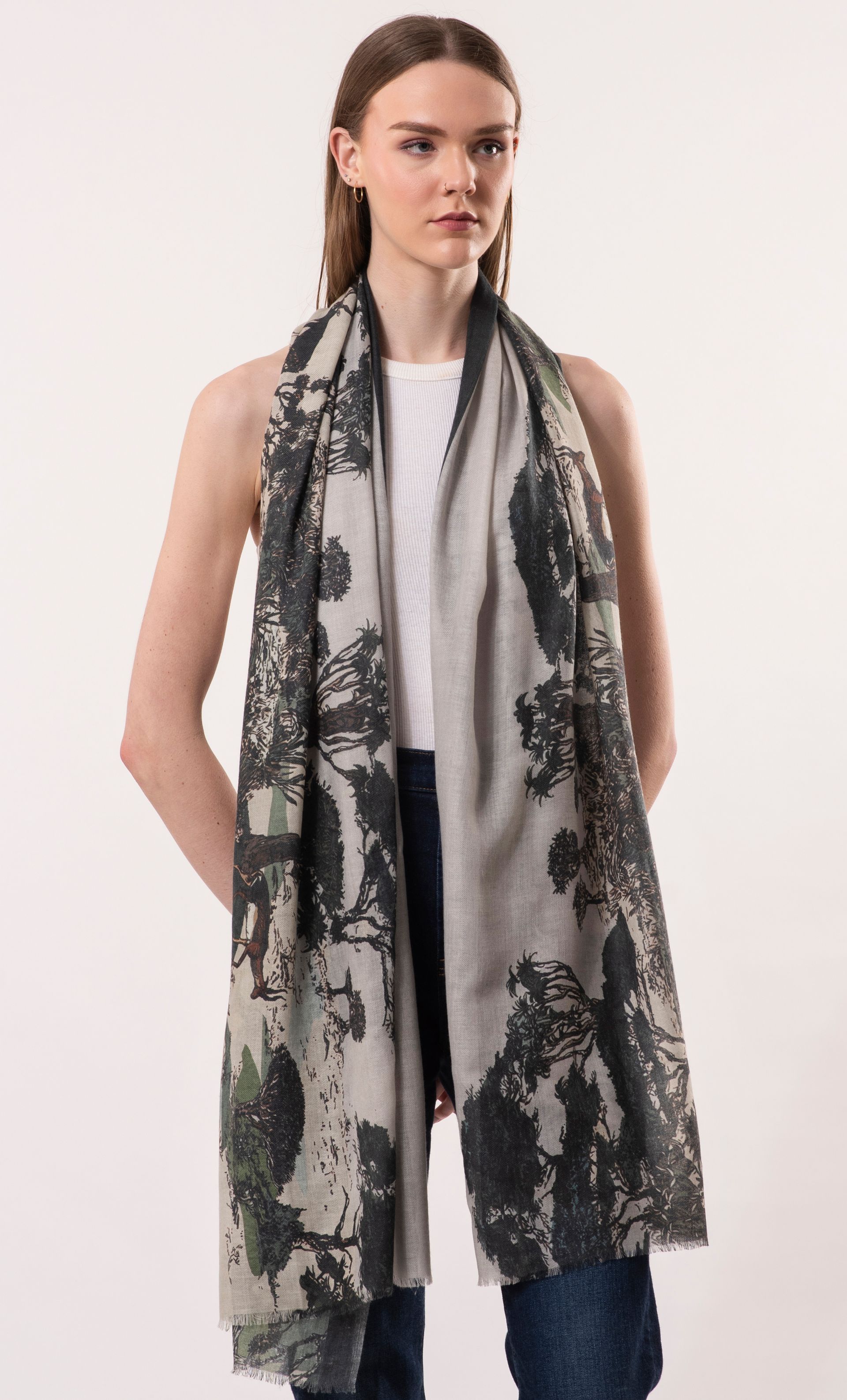 Nirvana Toile de Jouy Print Wool Silk Cashmere Blend Scarf | DLUX