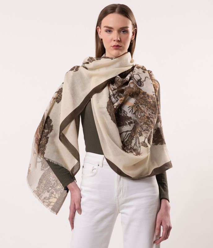 Nirvana Toile de Jouy Print Wool Silk Cashmere Blend Scarf | DLUX