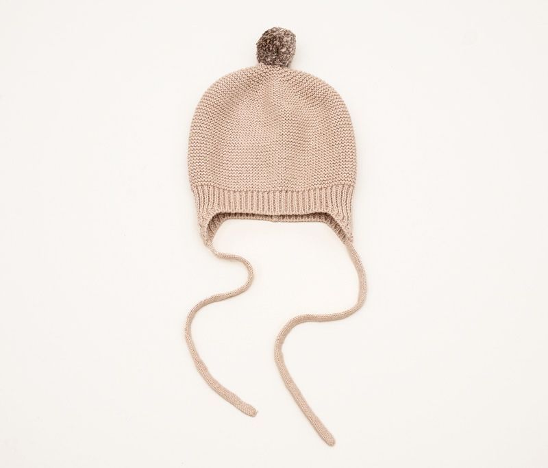 Huggie Baby Bonnet - Garter Knit with Marled Pompom | DLUX Baby, Colours: Rice