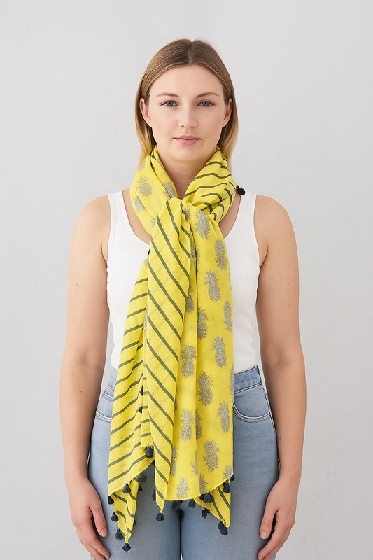 Pineapple Stripe Hand Printed Pure Cotton Pom Poms Scarf Pineapple Stripe Hand Printed Pure Cotton Pom Poms Scarf