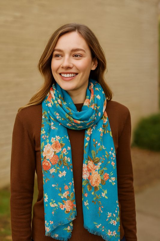 Freida Retro Floral Hand Printed Pure Cotton Scarf Freida Retro Floral Hand Printed Pure Cotton Scarf