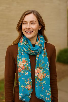 Freida Retro Floral Hand Printed Pure Cotton Scarf Freida Retro Floral Hand Printed Pure Cotton Scarf