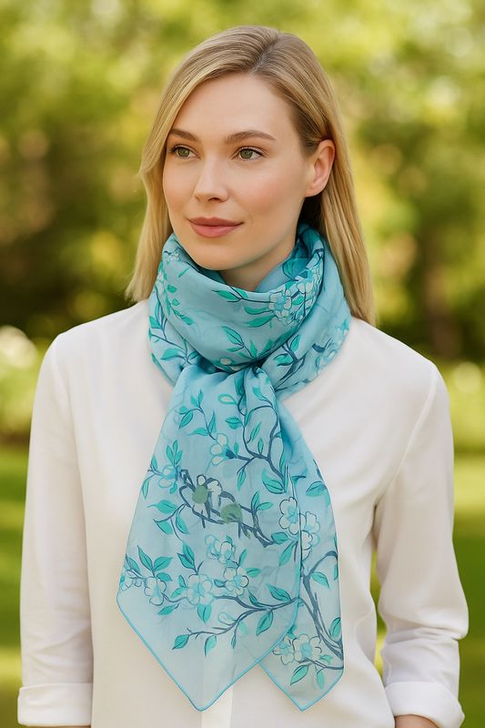Kyoto Cherry Blossom Hand Printed Pure Silk Scarf - last few!