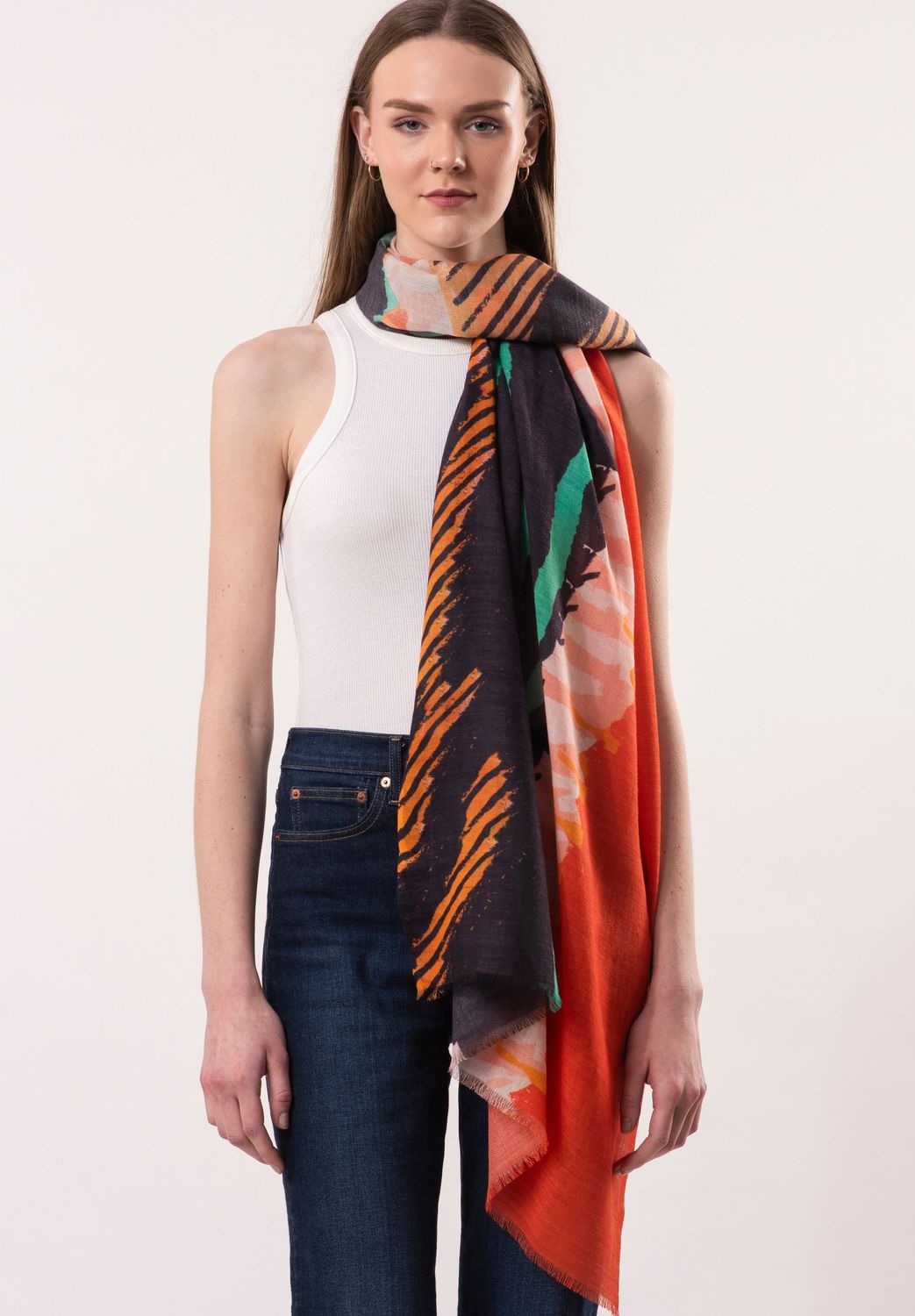 Nova Abstract Artistic Print Wool Modal Scarf - Navy