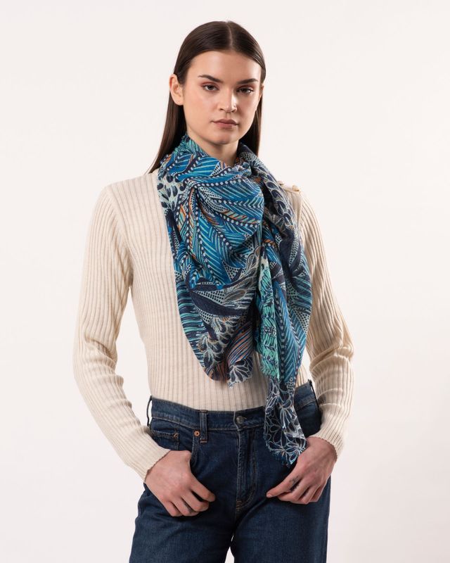 Miagi Botanical Print Wool Modal Scarf | Blue
