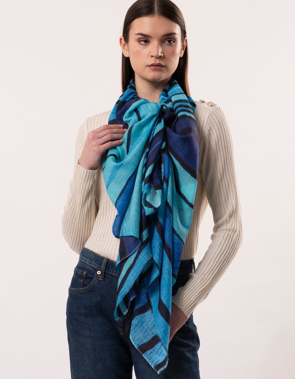 Ripple Fluid Stripe Pattern Wool Silk Scarf - Blue