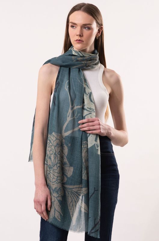 Dahlia Floral Print Pure Merino Wool Scarf  - Teal
