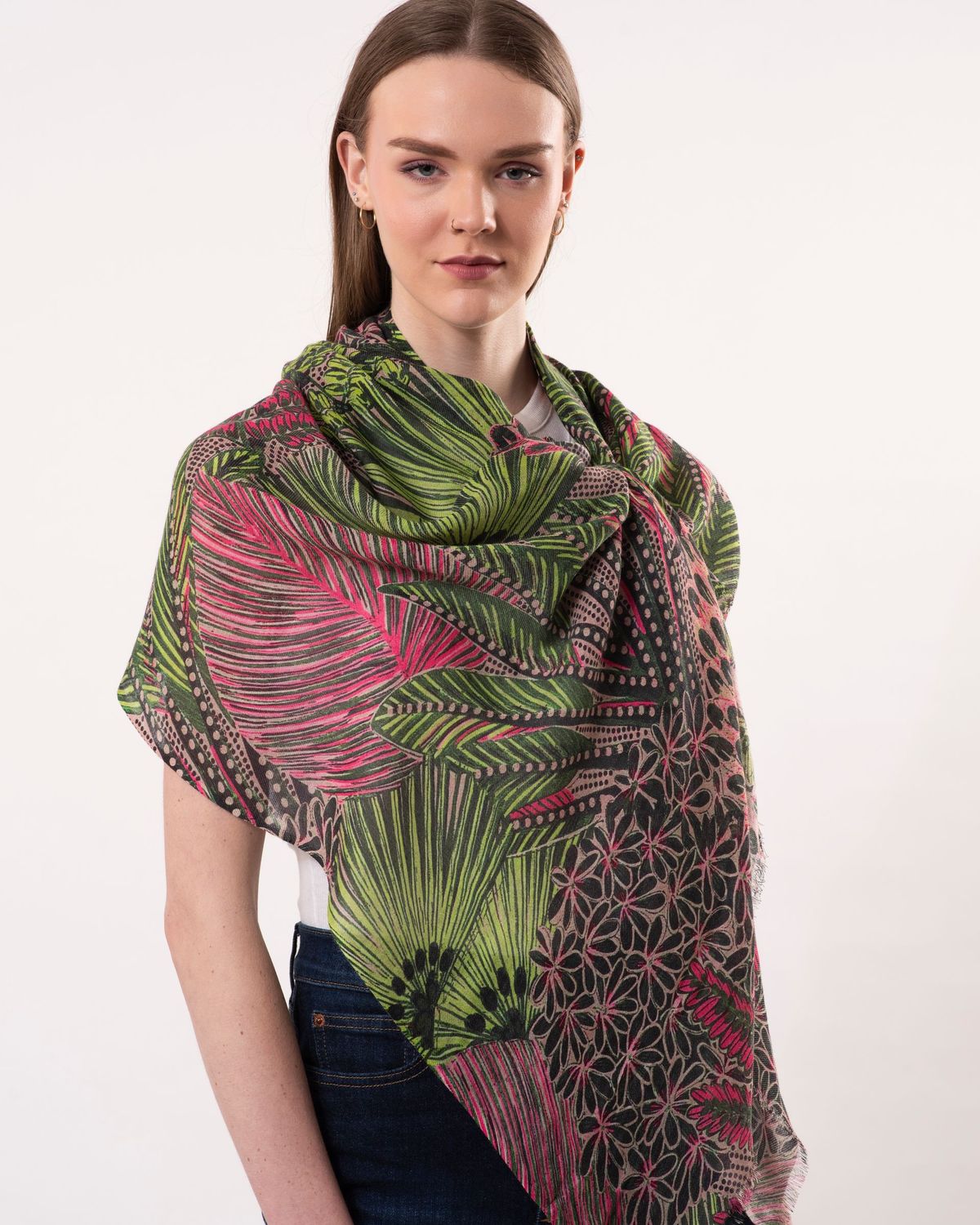 Miagi Botanical Print Wool Modal Scarf | Jade