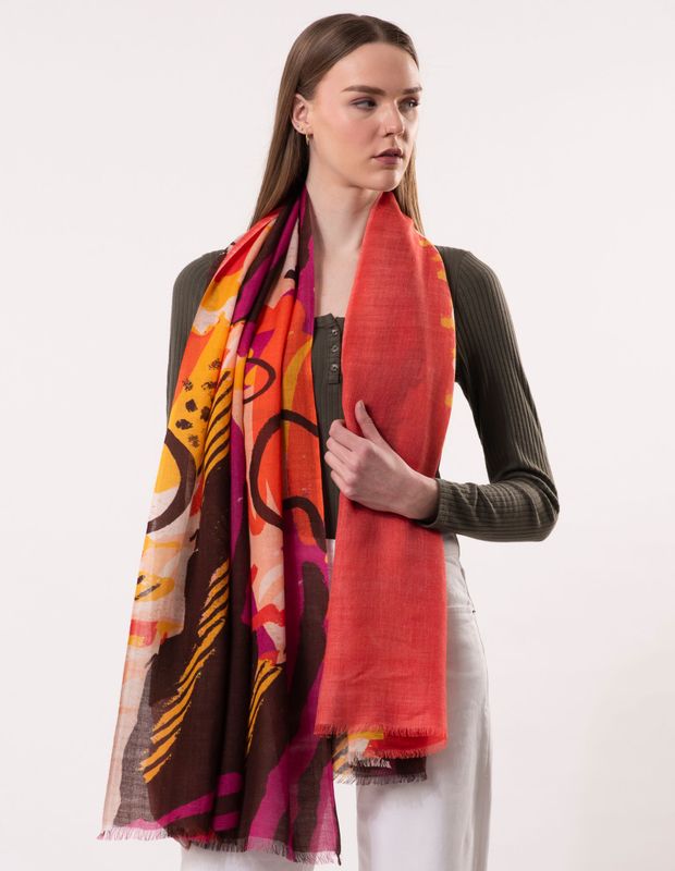 Nova Abstract Artistic Print Wool Modal Scarf - Chocolate