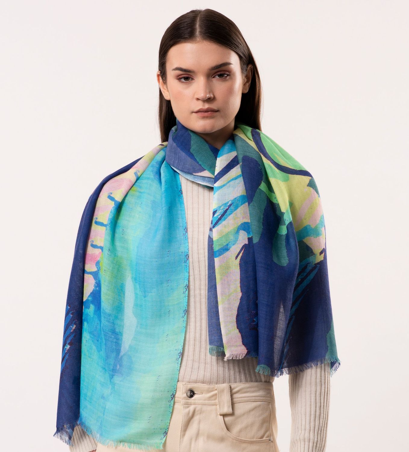 Nova Abstract Artistic Print Wool Modal Scarf - Denim