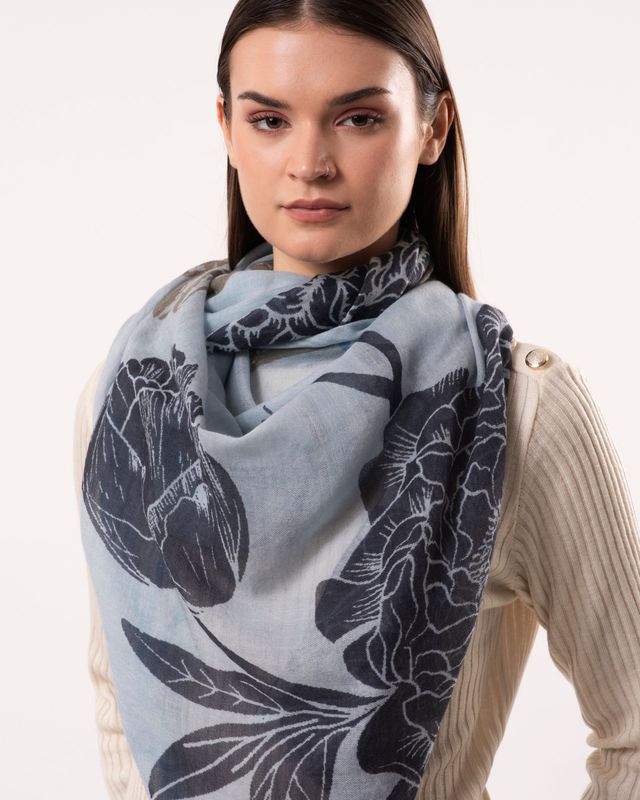 Dahlia Floral Print Pure Merino Wool Scarf - Blue