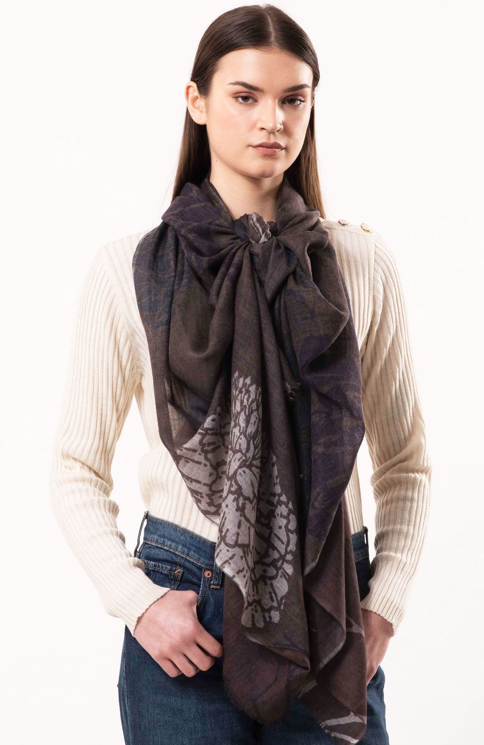 Dahlia Floral Print Pure Merino Wool Scarf - Coffee