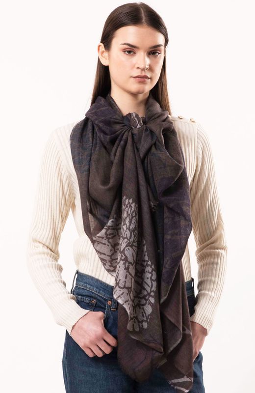 Dahlia Floral Print Pure Merino Wool Scarf - Coffee