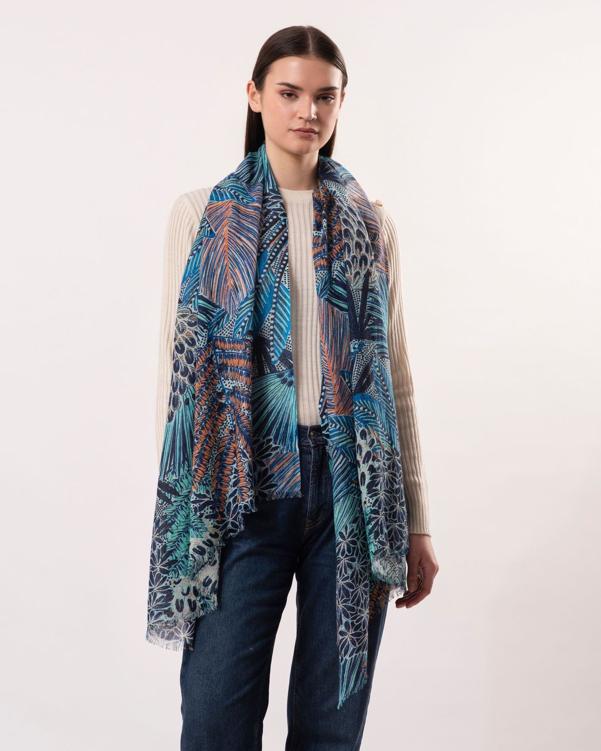 Miagi Botanical Print Wool Modal Scarf | Blue Miagi Botanical Print Wool Modal Scarf | Blue