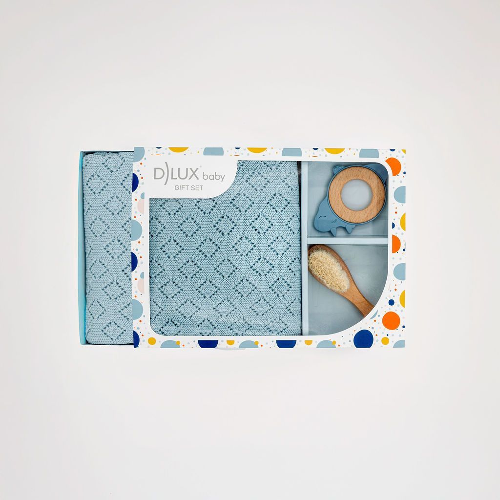 Little dino luxury baby gift set with blue knit blanket dino teether and soft brush Little dino luxury baby gift set with blue knit blanket dino teether and soft brush