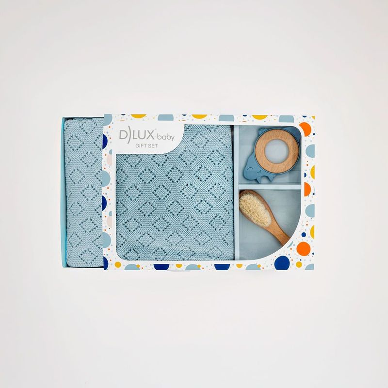 Little dino luxury baby gift set with blue knit blanket dino teether and soft brush