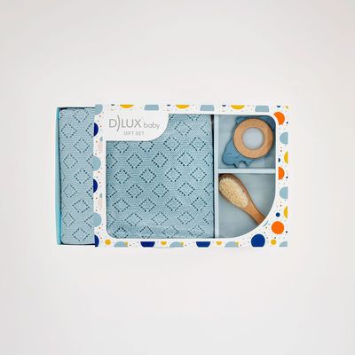 Little dino luxury baby gift set with blue knit blanket dino teether and soft brush