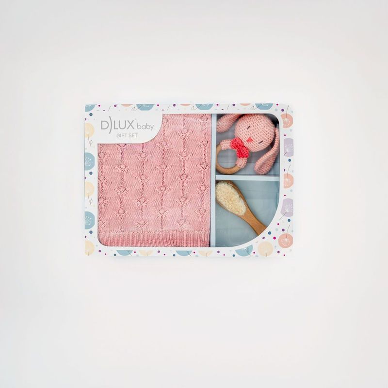 Blush bunny luxury baby gift set with pink knit blanket bunny rattle and soft baby brush