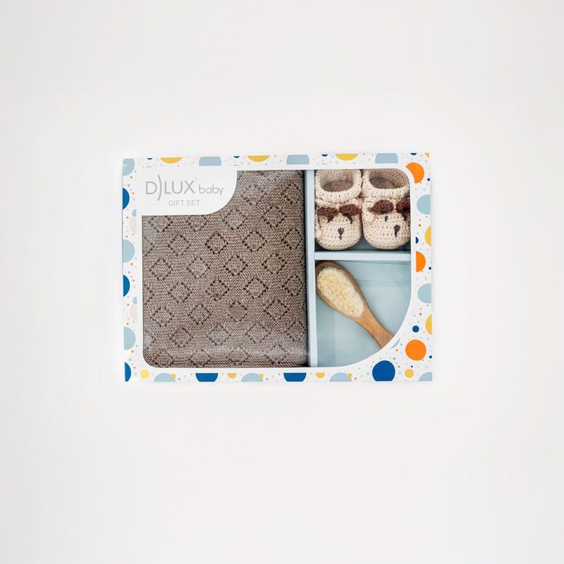 Sweet Mocha baby gift set with blue knit blanket, Bear Booties and soft brush for newborn baby shower registry keepsake gift