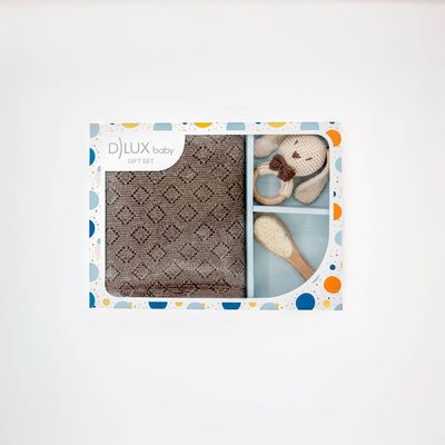 Cocoa bunny baby gift set with chocolate knit blanket rattle and soft baby brush
