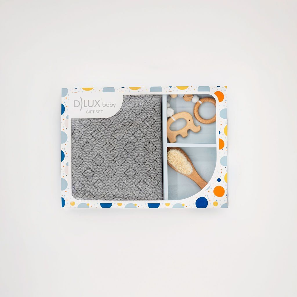 Tiny Tusks Baby Gift Set – Diamond Pointelle Knit Blanket, Elephant Teether amd Baby Hair Brush